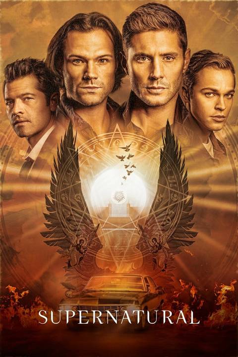 Images of Castiel (Misha Collins), Sam Winchester (Jared Padalecki), Dean Winchester (Jensen Ackles) and another supernatural character are depicted above the angelic images on the series poster.