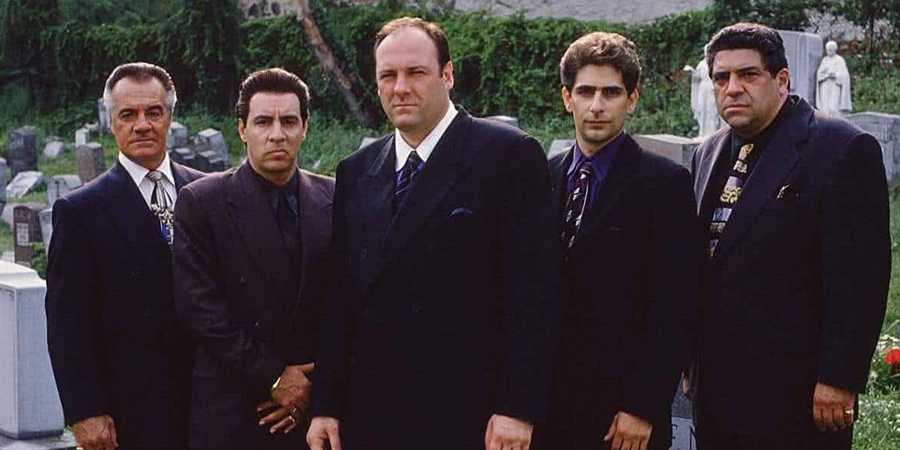 A promotional image for The Sopranos, showcasing the show's gritty and intense atmosphere