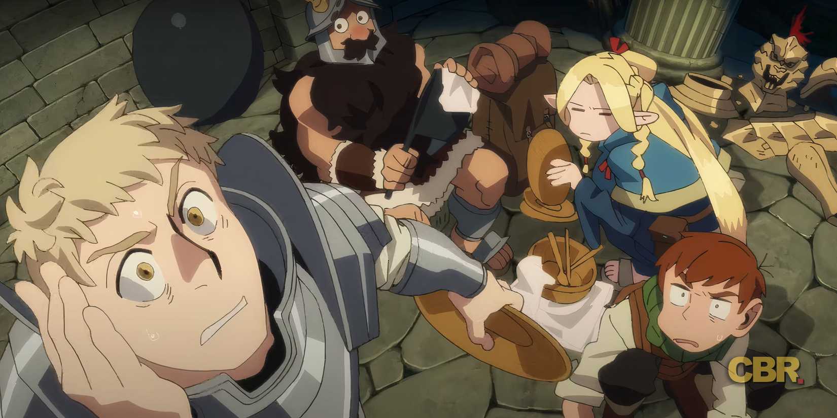 Marcille, Chilchuck, and Senshi Watch Laios Freak Out in Delicious in Dungeon.
