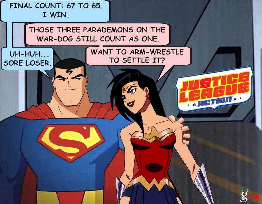 Superman: Final count, 67 to 65. I win. Wonder Woman: Those three parademons on the warw-dog still count as well. Superman: Uh-huh sore loser. Wonder woman: want to arm-wrestle to settle this? 